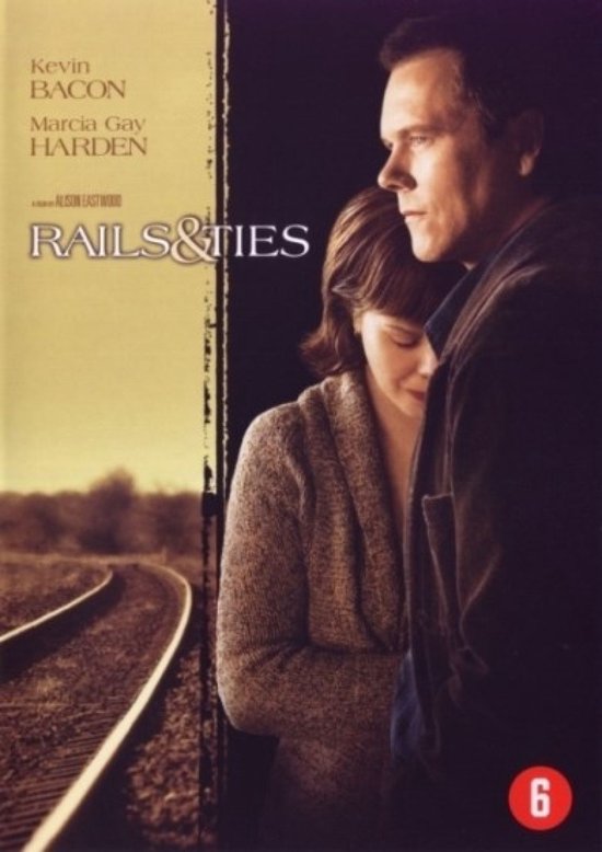 DVD hoes met een man en een vrouw naast een treinspoor. Kevin Bacon en Marcia Gay Harden spelen de hoofdrollen. De film heet "Rails & Ties".
