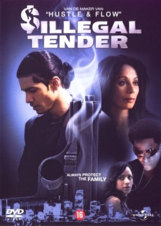 DVD-hoes met vier personen, met de titel "Illegal Tender" en een geweer. "Always Protect The Family".
