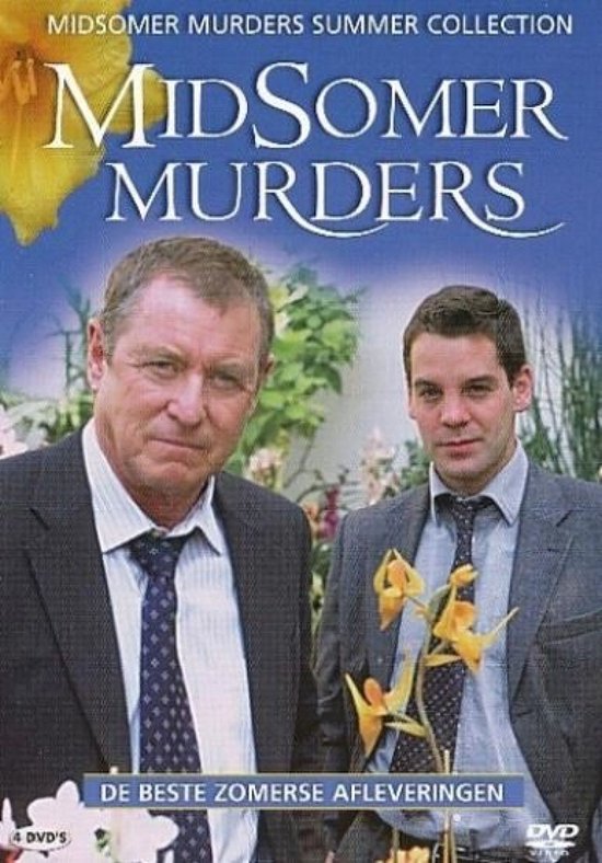 Midsomer Murders Summer Collection DVD-hoes met twee mannen in pak, met tekst "MIDSOMER MURDERS" en "DE BESTE ZOMERSE AFLEVERINGEN".