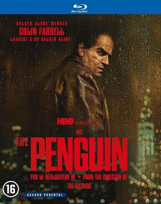 Blu-ray hoes van "The Penguin" met Colin Farrell, staand in de regen. "Golden Globe Winner" staat bovenaan.