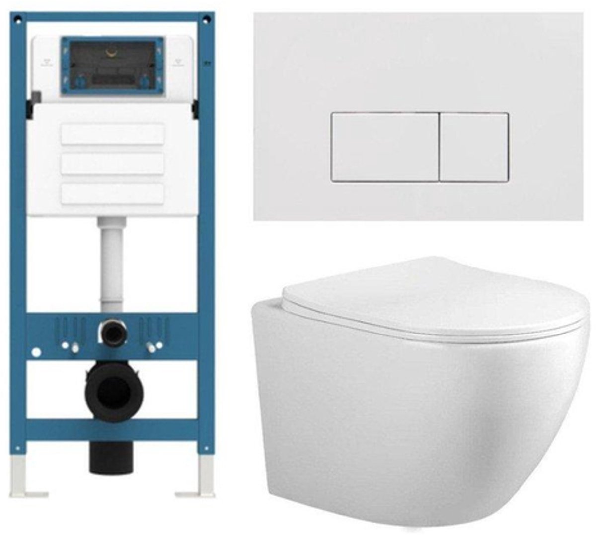 FugaFlow Eccelente Press Toiletset - 48.5x36x32cm - diepspoel - spoelrandloos - inbouwreservoir - softclose - quickrelease - toiletzitting - glans witte kunststof bedieningsplaat - rechthoekige knoppen - wit