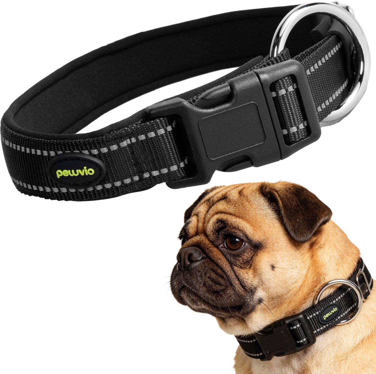 PELUVIO buddy - hondenhalsband - nylon en reflecterend - zwart - maat s 40-45 cm - 2 cm breed - verstelbare halsband voor middelgrote honden