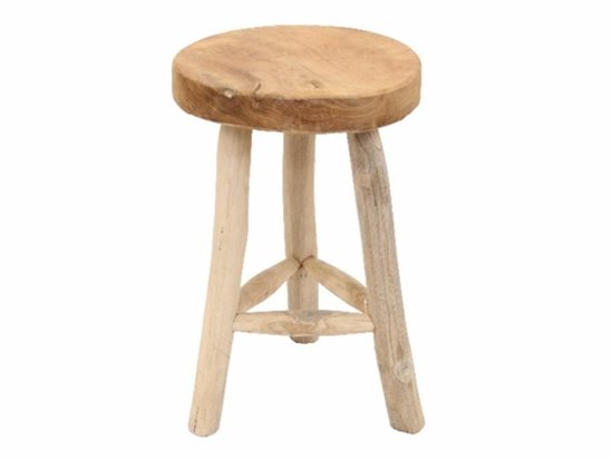 Houten krukje met rond zitvlak en drie poten.