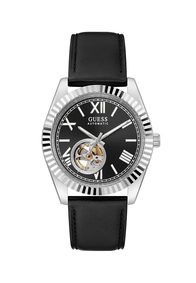 Guess Connoisseur Quartz Analoog Horloge Zwart En Zilver Kast: 100% Gerecycled Staal | Armband: 100% Echt Leer 42 mm GW0985G1