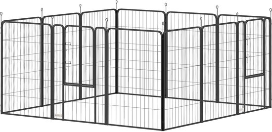 Zwarte metalen puppyren met 12 panelen, L-vormig opgesteld.