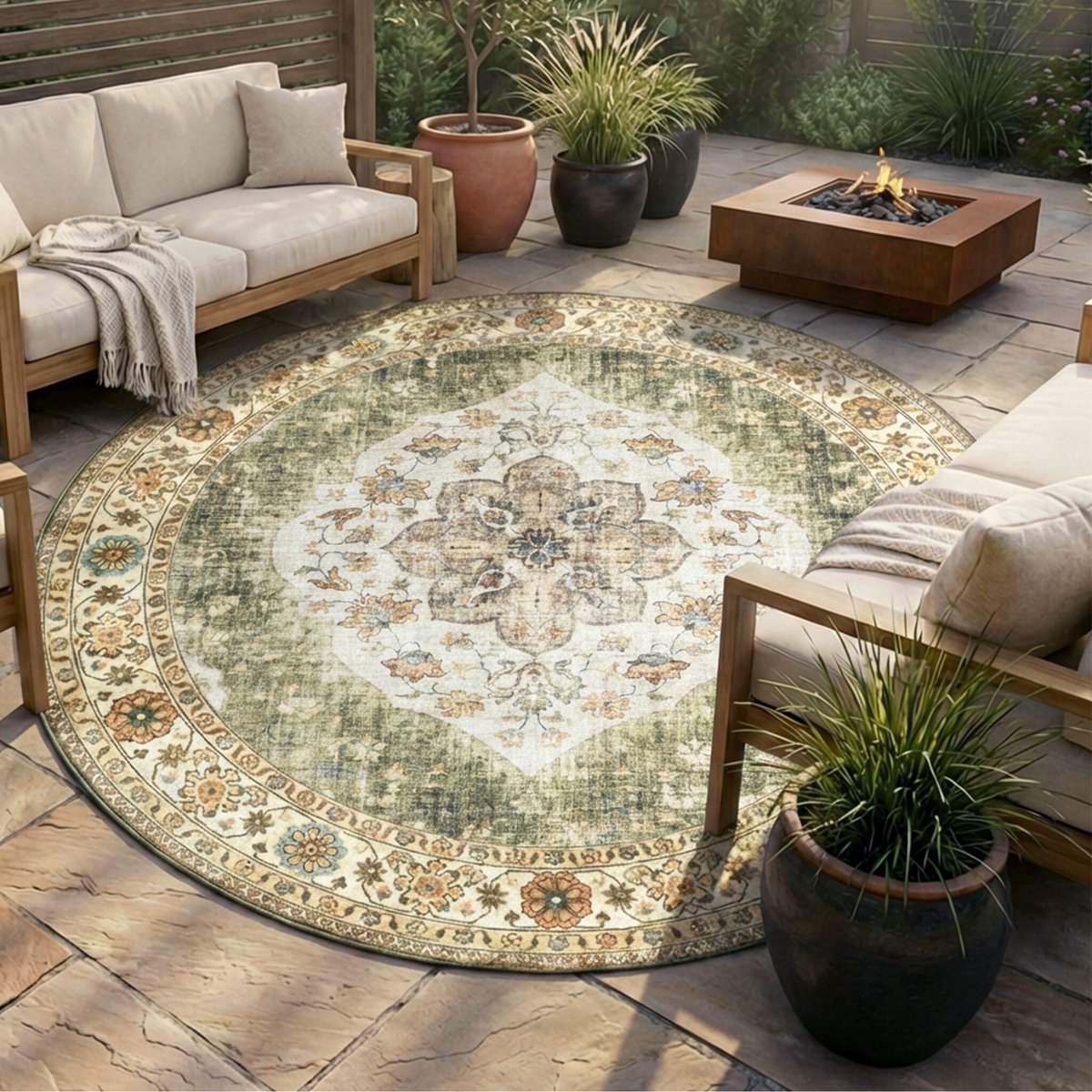 Fraai Rond vintage buitenkleed - Santo Mandala Groen - Ø 160cm
