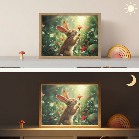 Nachtlampje 40x30 cm - Kinder lamp - Konijn - Dieren - Bloemen - Natuur - Tafellamp kinderkamer draadloos - Slaapkamer lampje - Bedlamp kinderen - Kinderlampje - Wandlamp babykamer - Nachtlampjes van OnlyWow — afbeelding 4