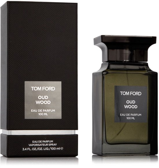 Tom Ford Oud Wood Eau de Parfum 100 ml fles en bijpassende zwart gestructureerde doos.