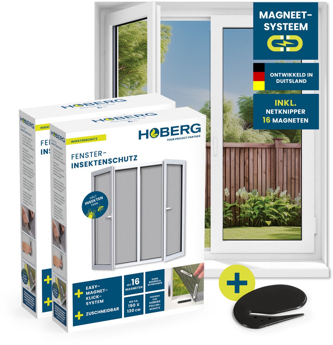Hoberg Venster vliegennet met innovatieve magneetsluiting | Vliegennet kan individueel op maat worden gesneden tot 150 x 130 cm, zonder boren of schroeven | Bevestiging met 16 magneten, zwart, 2 stuks