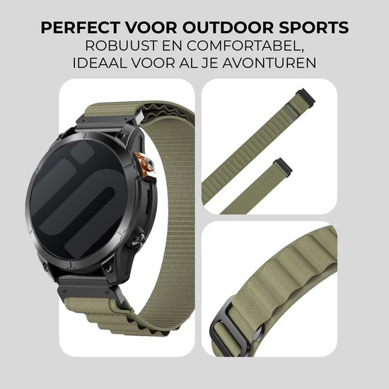Bracelet en nylon Strap-it Alpine - adapté pour Garmin Fenix ​​​​5 (Plus) / Fenix ​​​​6 (Pro) / Fenix ​​​​7 (Pro - Sapphire - Solar) / Fenix ​​​​8 - 47 mm / Quatix 5 - 6 - 7 / Epix Gen 2 - 47 mm / Forerunner 745 / 935 / 945 / 955 / 965 (vert olive)