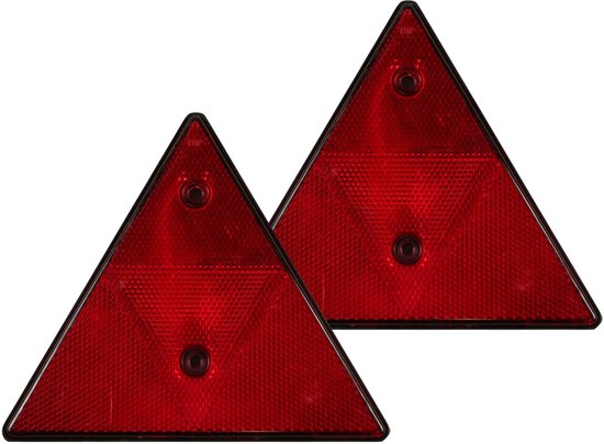 Twee rode driehoek reflectoren met een zwarte rand en bevestigingspunten.
