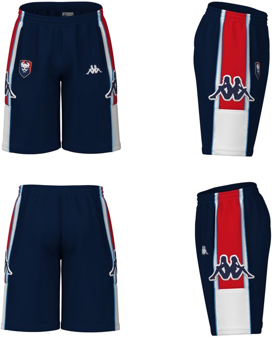 Navy Kappa voetbalbroek met rode en witte strepen aan de zijkant. SM Caen logo op linkerbeen.