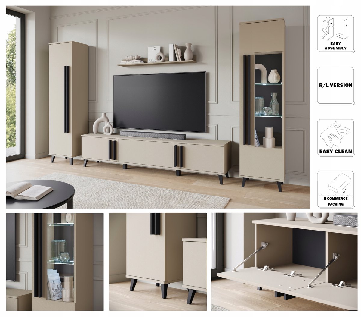 Modern Wandmeubel op Pootjes - 4-delige Set - 180 cm TV-kast, Vitrinekast & Boekenkast - CONGO & Zwart - Inclusief LED