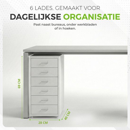 Wit ladeblok met 6 lades, met afmetingen 69 cm hoog, 40 cm diep en 28 cm breed, naast een bureau.