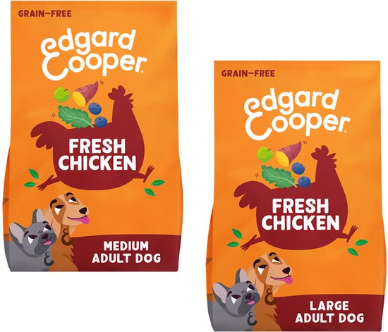 Twee zakken Edgard Cooper hondenvoer: 1x medium en 1x large voor grote honden, beide met verse kip.