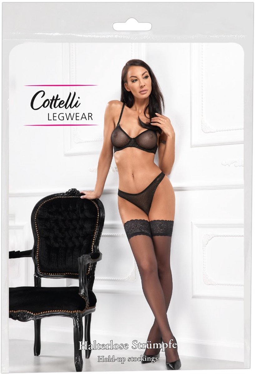 Zwarte hold-ups Panty van Cottelli LEGWARE - Panty met 8 cm Brede Kanten Rand - Maat L