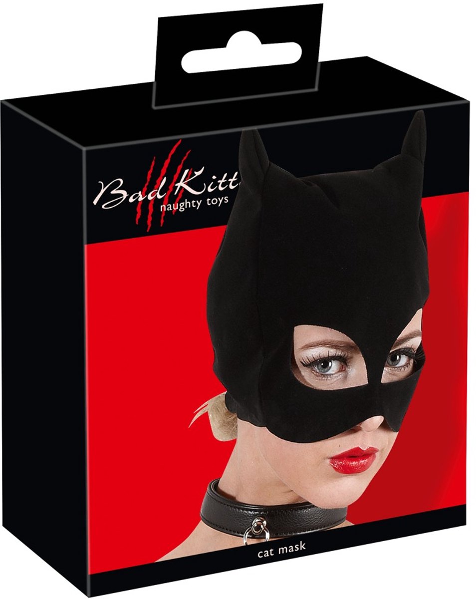 Bad Kitty – Fluwelen Wilde Kat Hoofd Masker met Puntige Oren en Open Mond – Zwart