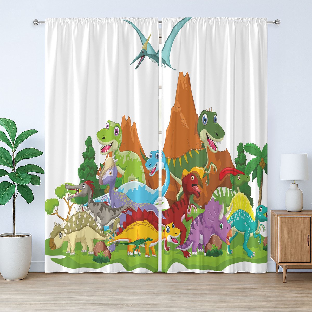 ABAKUHAUS Dinosaurus Rustiek Gordijn, Grappige Dieren en Bomen, met Bandjes voor de Woonkamer met Lusjes en Haken, 280 x 225 cm, Wit Bruin Groen