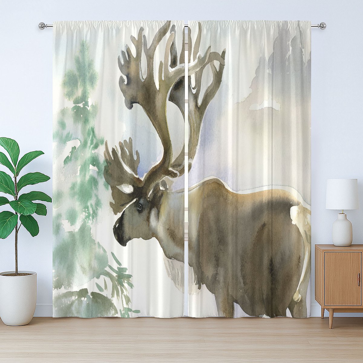 ABAKUHAUS Rustiek Hertengordijn, Winterbos Kleurstijl, Geplooid Gordijn voor de Slaapkamer met Lussen en Haken, 280 x 245 cm, Beige Groen