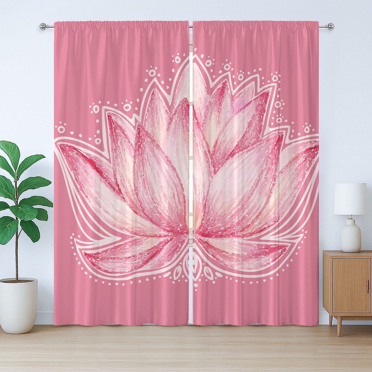 ABAKUHAUS Chakra Rustiek Gordijn, Lotus Meditatie Yoga, met Bandjes voor de Woonkamer met Lussen en Haken, 280 x 175 cm, Babyroze Crème