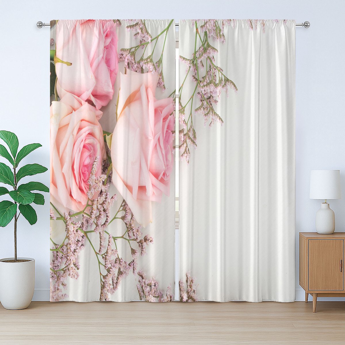 ABAKUHAUS Vintage Roze Rustiek Gordijn, Close-up Foto Bloemen, Slaapkamergordijn met Plooiing, Lusjes en Haken, 280 x 225 cm, Lichtroze Wit