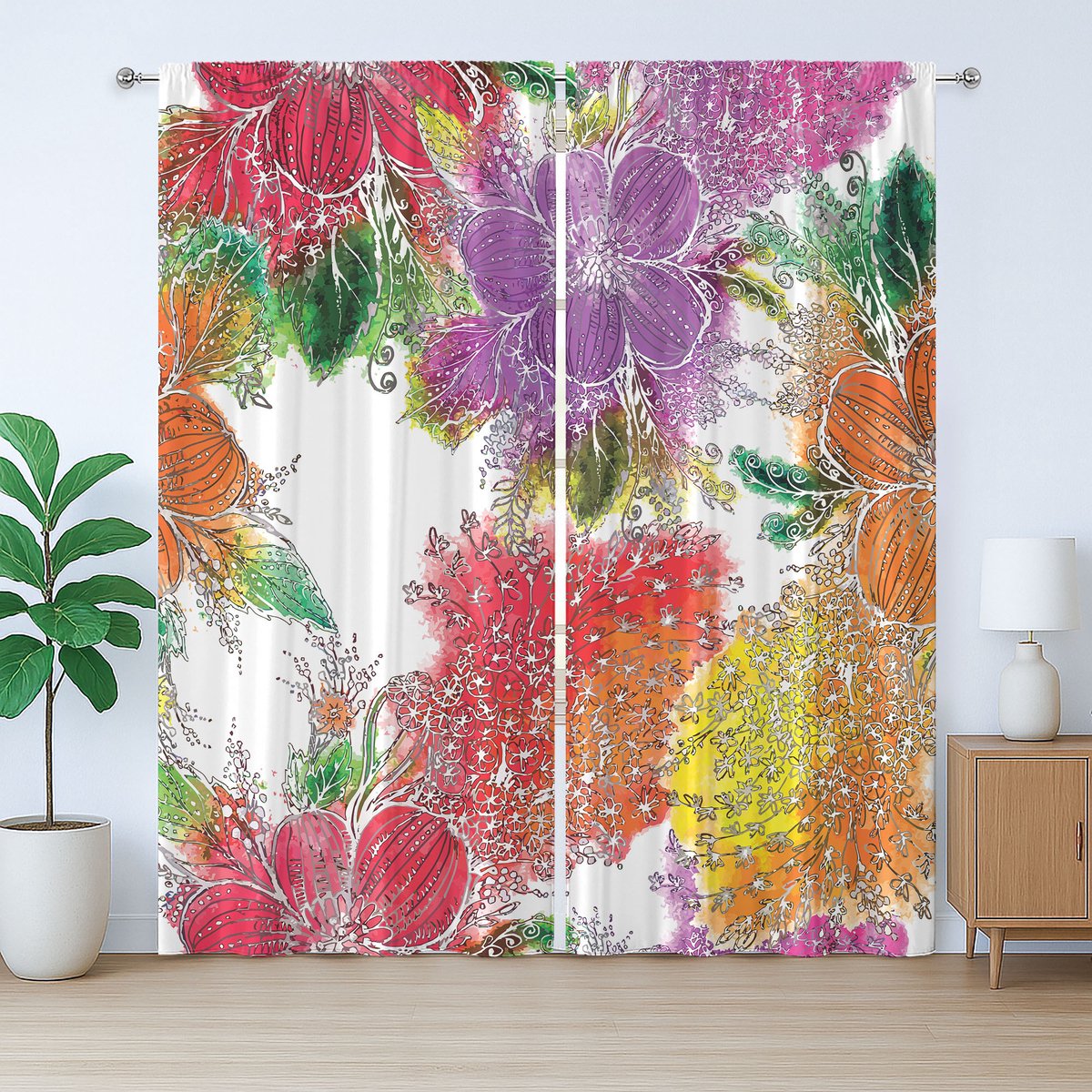 ABAKUHAUS Rustiek bloemengordijn, abstracte kleurrijke bloemen, met lussen en haken voor de woonkamer, 280 x 225 cm, violet, rood, oranje