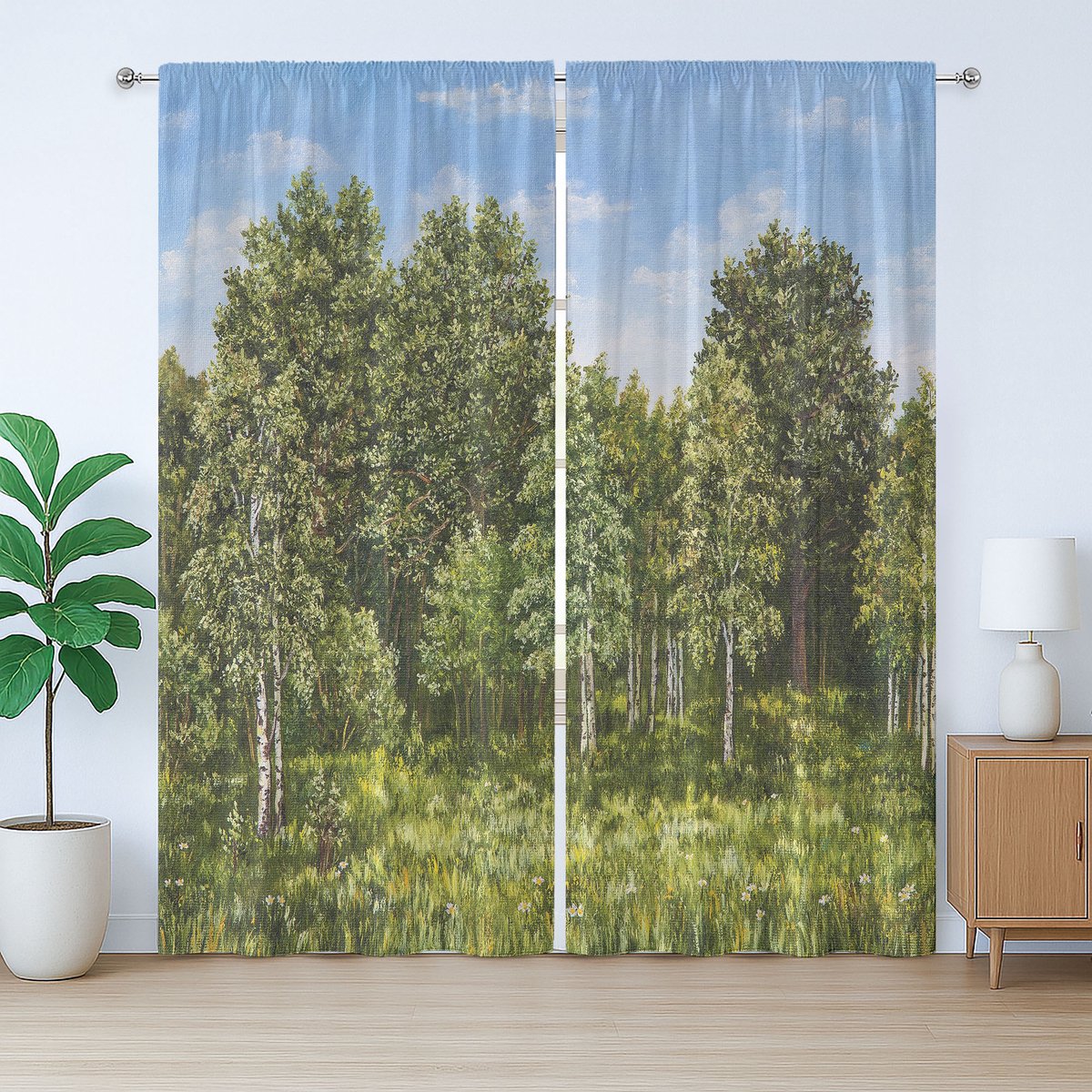ABAKUHAUS Rustiek boomgordijn, landbouwlandschap zomer, slaapkamergordijn met plooien en haken, 280 x 225 cm, olijfgroen hemelsblauw