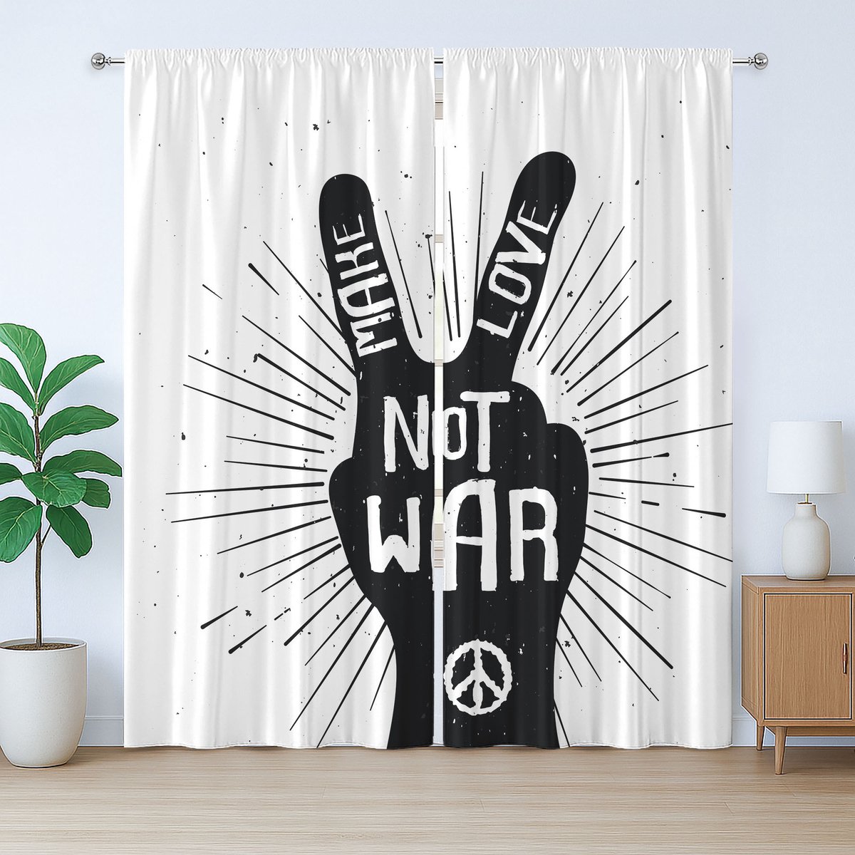 ABAKUHAUS Hippie Rustiek Gordijn, Pacifistische Slogan uit de jaren zestig, met Bandjes, Lusjes en Haken voor de Woonkamer, 280 x 245 cm, Zwart-Wit