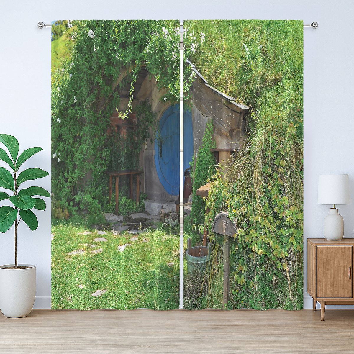 ABAKUHAUS Rustiek Hobbit Gordijn, Fantasie Hobbit Landhuis, met Bandjes, Lussen en Haken voor de Woonkamer, 280 x 245 cm, Groen Bruin Blauw