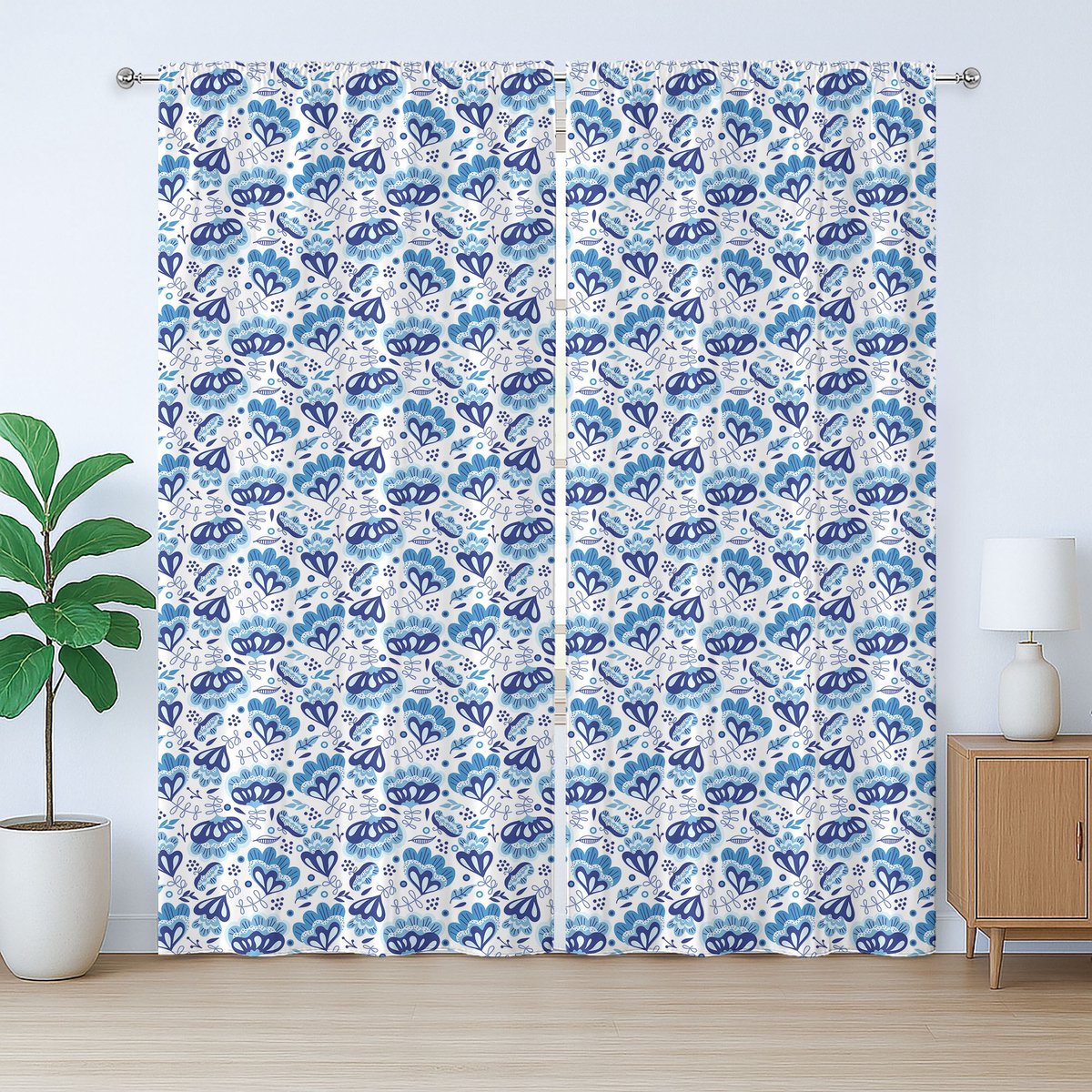 ABAKUHAUS Rustiek Lentegordijn, Blauwgetinte Folk Bloemknoppen, met Bandjes voor de Woonkamer met Lussen en Haken, 280 x 225 cm, Blauw Wit