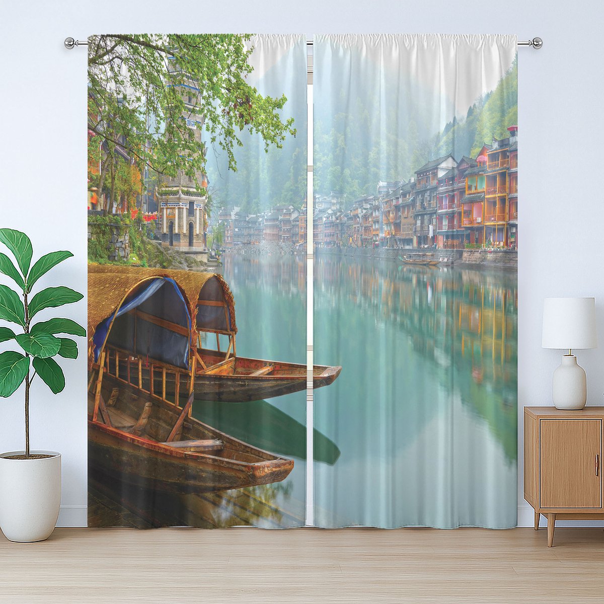 ABAKUHAUS Landelijke Rustieke Gordijn, Chinees Houtkanaal, Slaapkamergordijn met Plooiing, Lussen en Haken, 280 x 175 cm, Groen Mosterdgeel