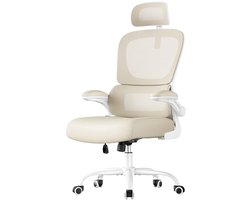Bureaustoel Computerstoel Ergonomisch ontwerp Dubbel ademend gaas Dynamische lendensteun Verstelbare hoofdsteun Omklapbare armleuningen Ruimtebesparend Geschikt voor kantoor en studeerkamer 64 x 71,5 x (116-135) cm Beige