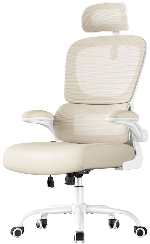 Bureaustoel Computerstoel Ergonomisch ontwerp Dubbel ademend gaas Dynamische lendensteun Verstelbare hoofdsteun Omklapbare armleuningen Ruimtebesparend Geschikt voor kantoor en studeerkamer 64 x 71,5 x (116-135) cm Beige