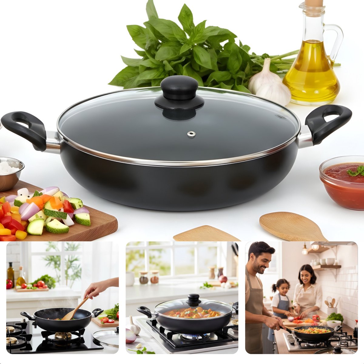 Cheqo® Hapjespan met Deksel - Koekenpan met Deksel - Inductie Hapjespan - Inductie Pan met Deksel - Glazen Deksel Pan - Pan met Glazen Deksel