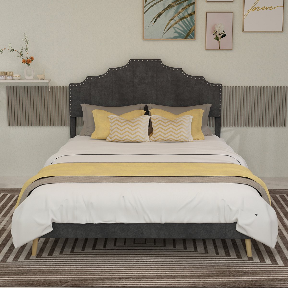 Wishdor Gestoffeerd Bedframe – 140 x 200 cm – Geometrisch Hoofdbord met Siernagels – Stof en Metaal Grijs – Lattenbodem met Vochtbescherming – Zachte Hollandse Wol – Stijlvol voor Moderne Slaapkamer – Eenvoudige Montage