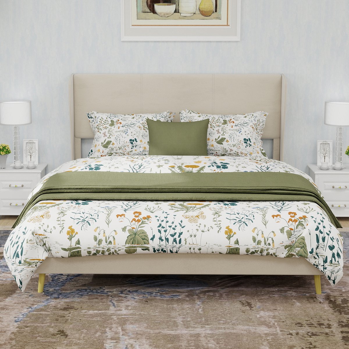 Wishdor Gestoffeerd Bedframe – 140 x 200 cm – Lage Instap – Stof en Metaal Beige – Hollandse Fluweel Hoofdbord – Duurzame Constructie – Stijlvol en Toegankelijk voor Moderne Slaapkamer