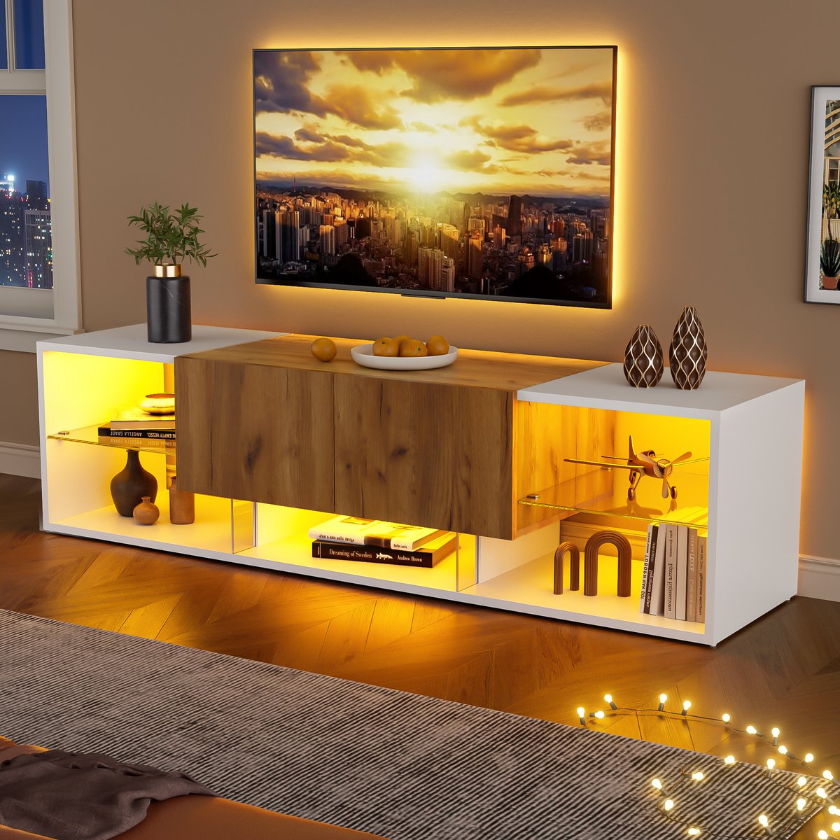 Clruro TV-Meubel - Voor TV tot 70 Inch - Met Glasplanken en 2 Lades - MDF - Wit