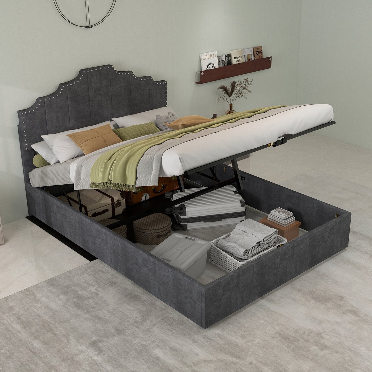 MODFU Bedframe 140x200 cm – Geometrisch hoofdbord met nagelbeslag – Hollandse wolstof – Grijs