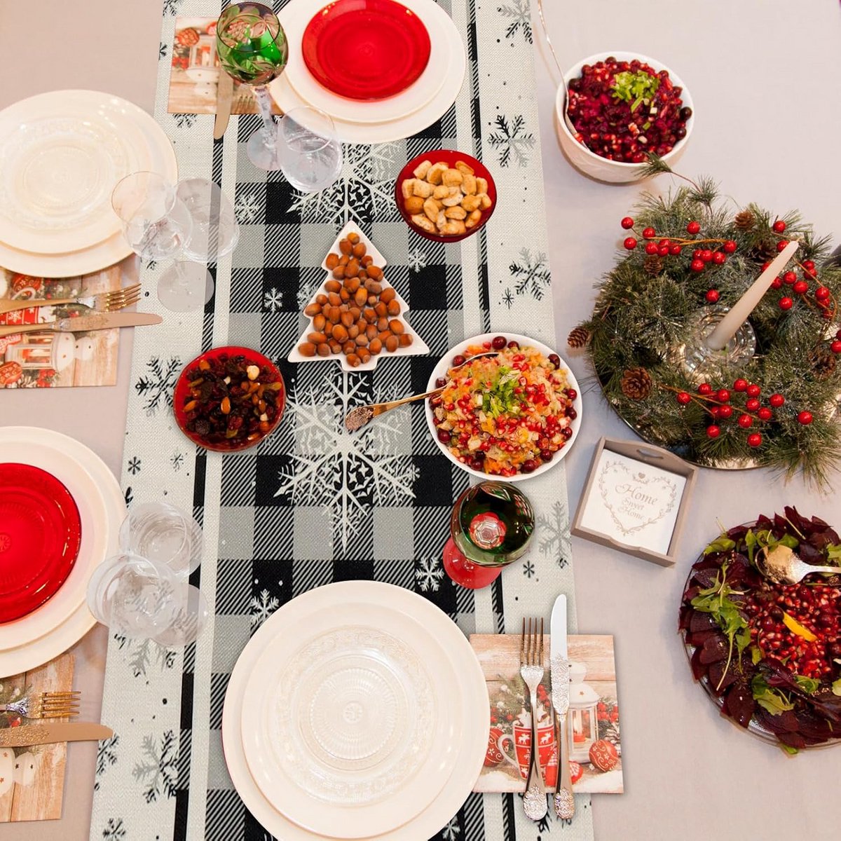 Kerst Tafelloper Grijs Geruit met Sneeuwvlokken voor Winter Eettafel Decoratie