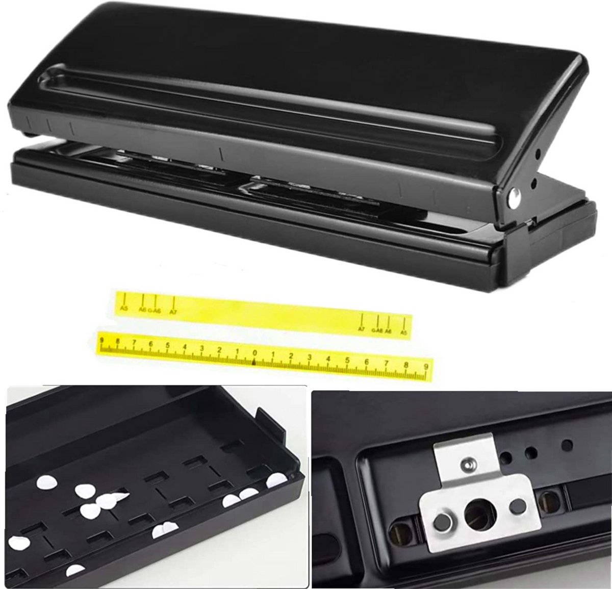 Perforator met 6 gaten - Verstelbare perforator - Documenten organiseren - Verstelbare posities - 6 vellen - Zwart