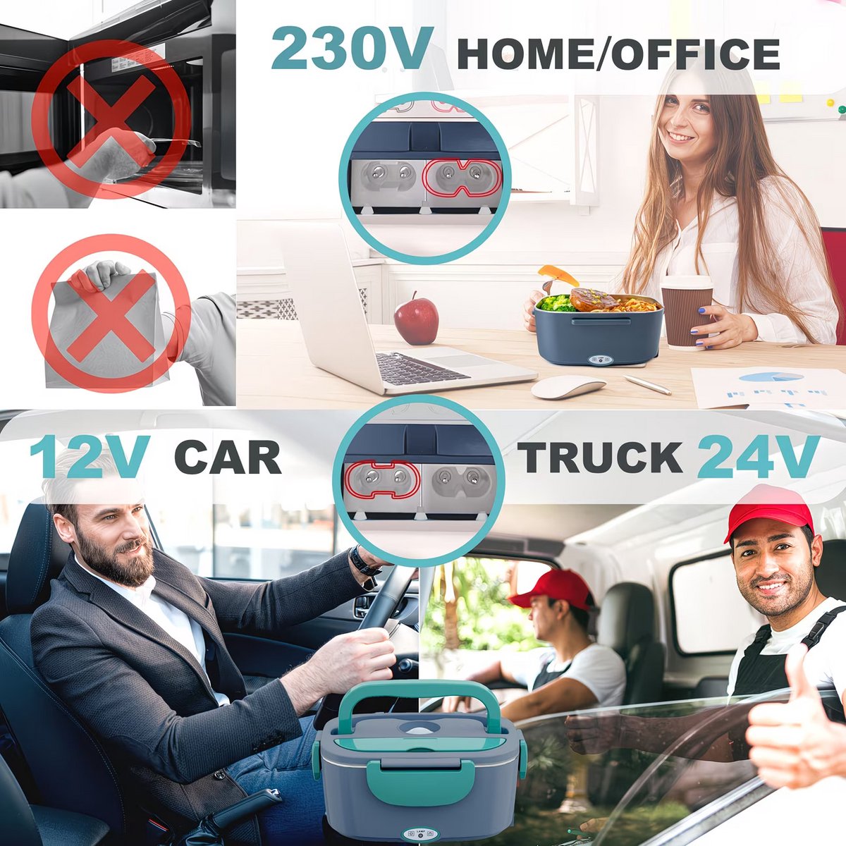 Groene Elektrische Lunchbox 80 W – 1,5 L Roestvrij Staal met Isolatietas – Draagbare Verwarmingsbox voor Auto, Kantoor & Reizen — cadeau in Kookcadeaus - foto 3