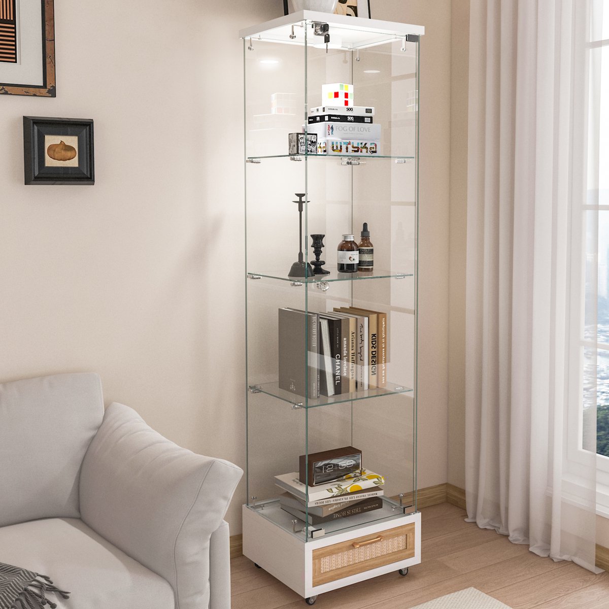 HAUSS SPOLE Vitrinekast Met LED Verlichting En Laden Voor Woonkamer En Kantoor MDF En Glas Wit 167x42,5x36,5 Cm