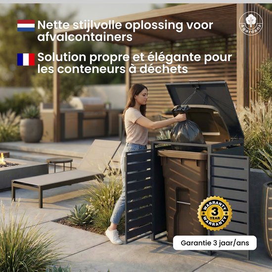 Vrouw plaatst vuilniszak in een antracietgrijze kliko-ombouw, met tekst 'Nette stijlvolle oplossing voor afvalcontainers'.