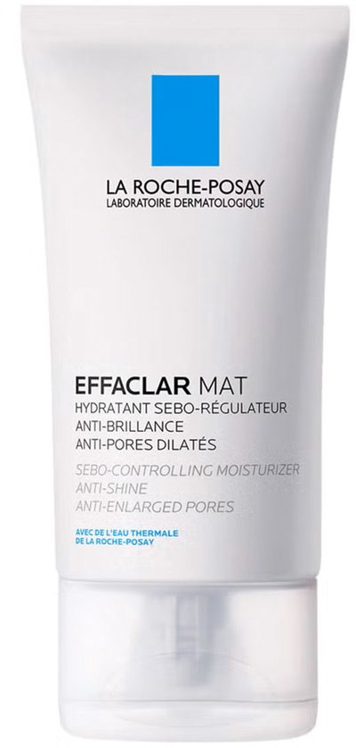 Tube La Roche-Posay Effaclar Mat avec le texte 'ANTI-BRILLANCE' et 'PORES DILATÉS'.