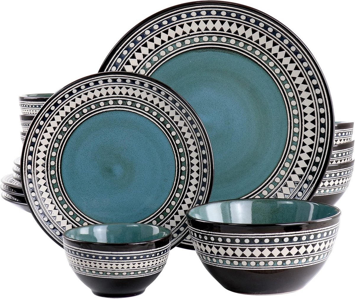 Steengoed Servies Set 16-Delig Blauw met Dubbele Kom - Voor Dagelijks Gebruik