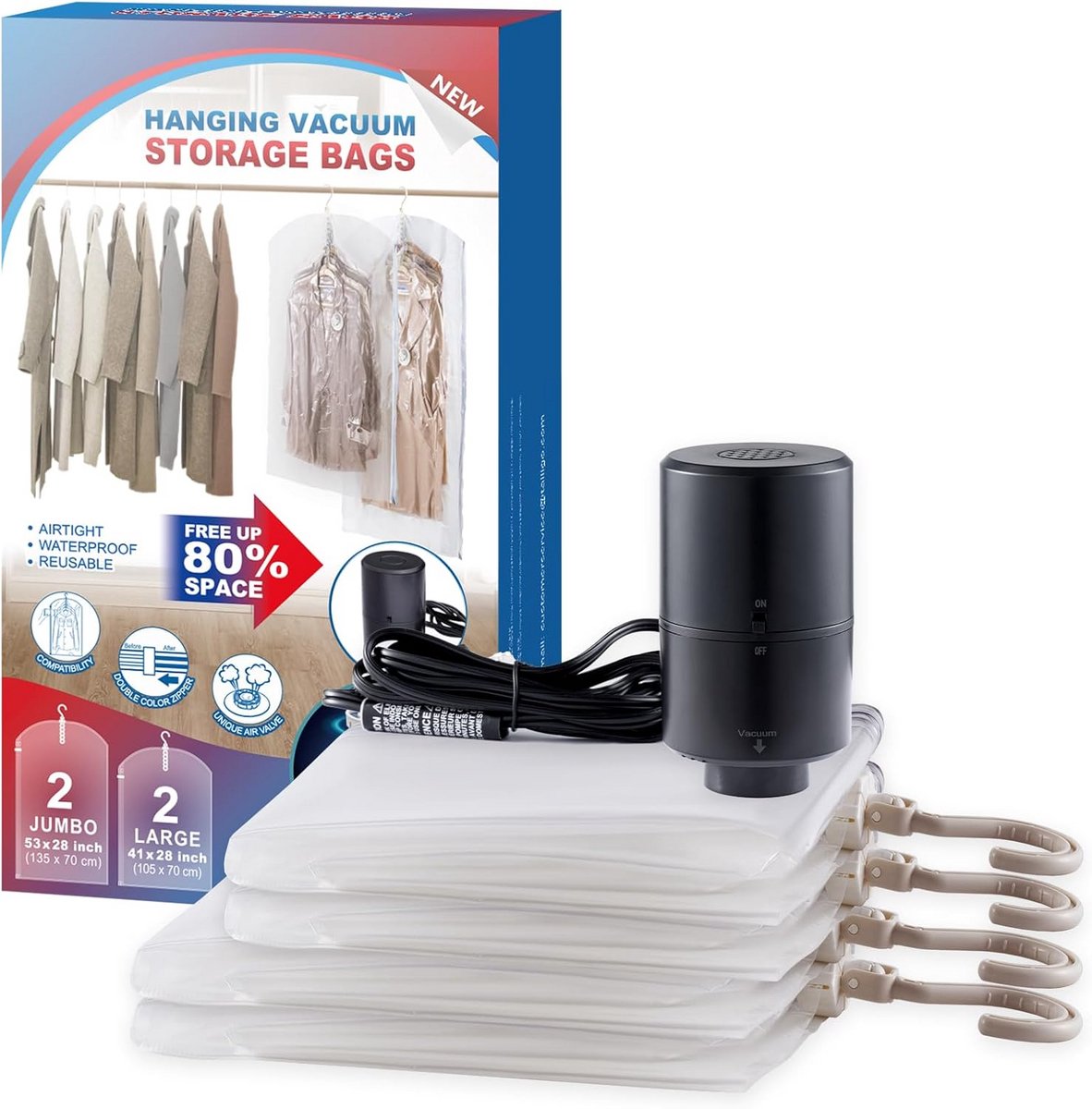 Opvouwbare Vacuüm Opbergzakken voor Kleding met Elektrische Pomp - 4 Sets