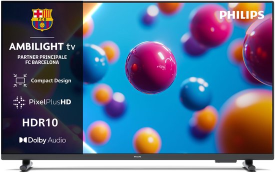 Philips Ambilight tv met FC Barcelona logo. Compact design, Pixel Plus HD, HDR10, Dolby Audio.