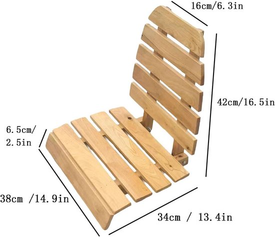Houten opklapbare kruk met afmetingen: 16cm breed, 42cm hoog, 38cm diep, 34cm zitdiepte, 6.5cm armleuning.