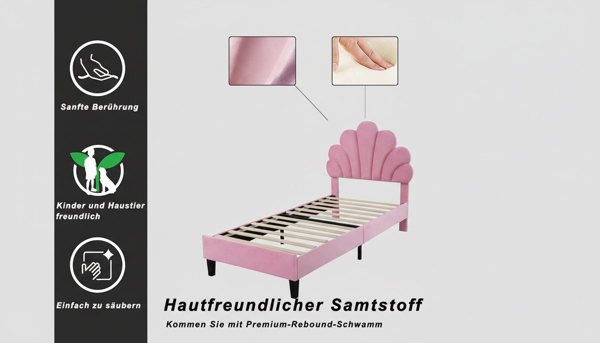 Gestoffeerd Bed 90x200 cm met Lattenbodem en Bloemvormig Hoofdbord – Casa Velluto Flora Rosa – Fluwelen Eenpersoonsbed / Jeugdbed Roze