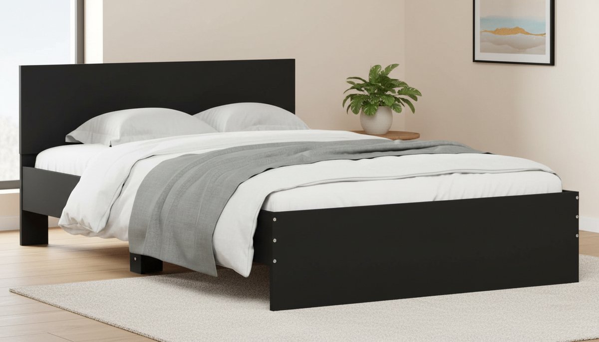 Bedframe 120x200 cm met Hoofdbord en Lattenbodem – Casa Velluto Nero Modern Zwart Twijfelaar Bed – Houten Tweepersoonsbed voor Slaapkamer – Inclusief Montagekit